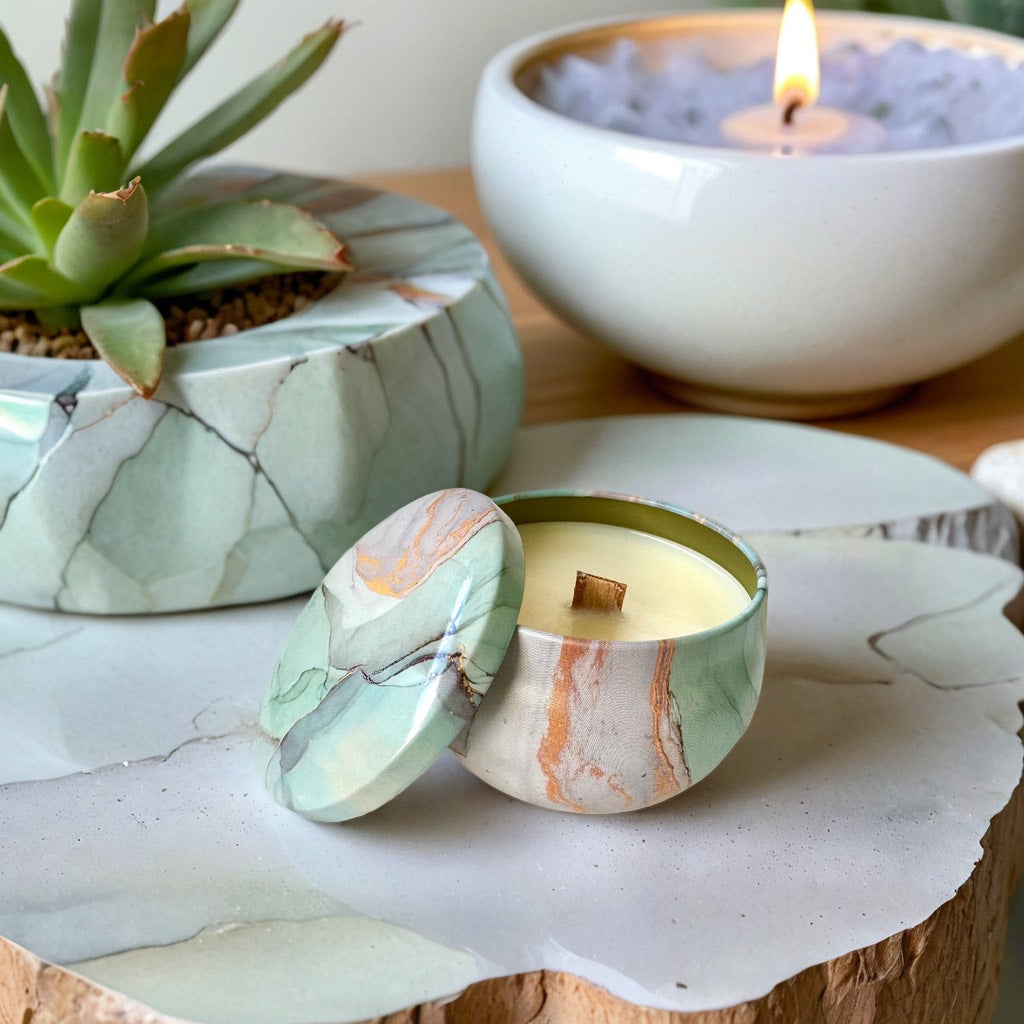 Scented Candle Marble Pattern Green Peony Parcel